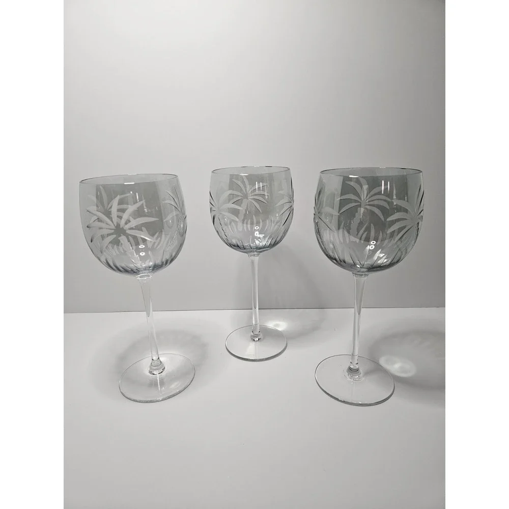 Vintage Lenox British Colonial Scenic Palm Crystal Green Wine Glasses Set Of 3